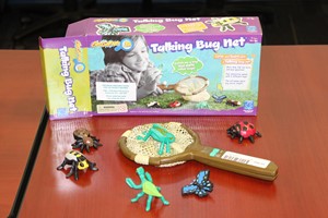 Image shows plastic insect models in the foreground with a plastic handheld net.  The box is the background.