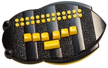 Photo of the BrailleBuzz showing a row of yellow braille keys at bottom and yellow alphabet buttons at top against a black bee-shaped background